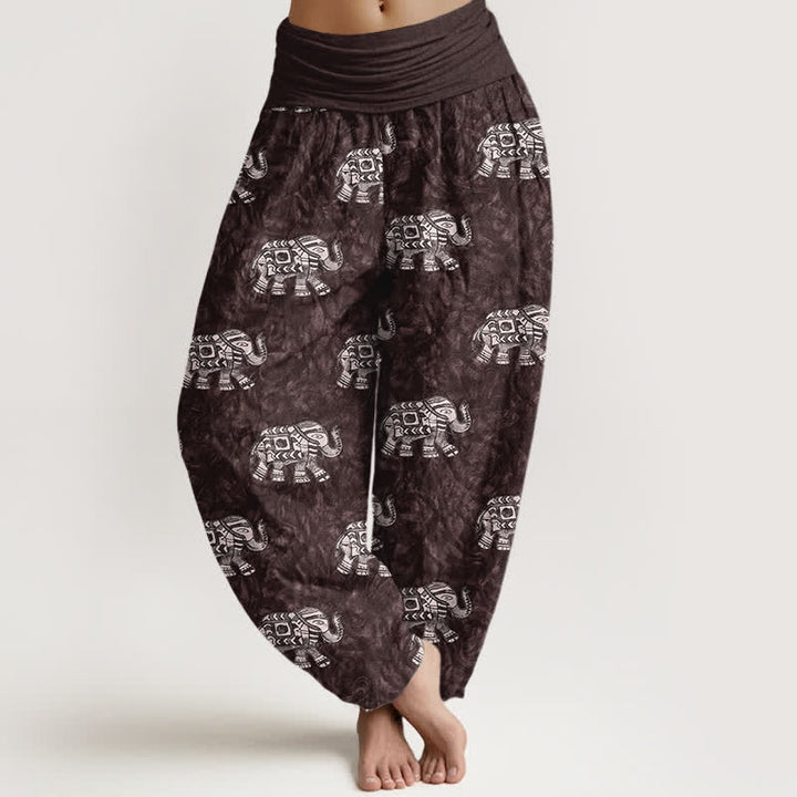 Buddha Stones Pantaloni harem da donna in puro cotone con fantasia a elefanti bianchi e elastico in vita. - Marrone - US16, UK/AU20, EU48 (3XL) - image 0