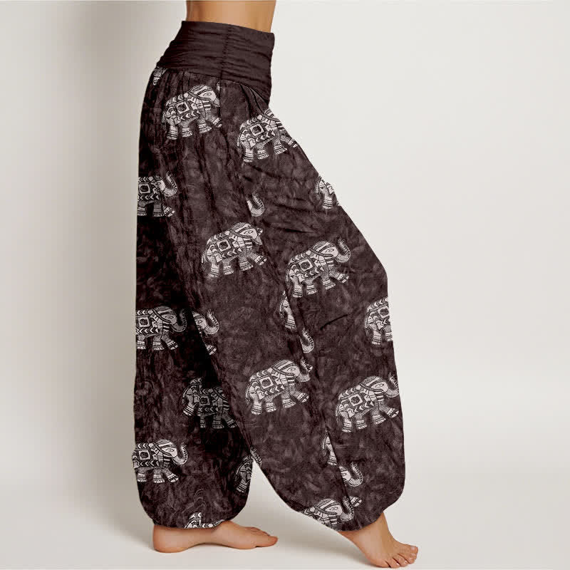 Buddha Stones Pantaloni harem da donna in puro cotone con fantasia a elefanti bianchi e elastico in vita. - image 2