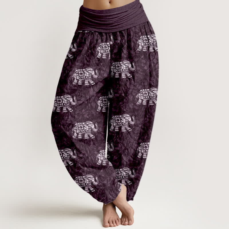 Buddha Stones Pantaloni harem da donna in puro cotone con fantasia a elefanti bianchi e elastico in vita. - Indaco - US16, UK/AU20, EU48 (3XL) - image 5