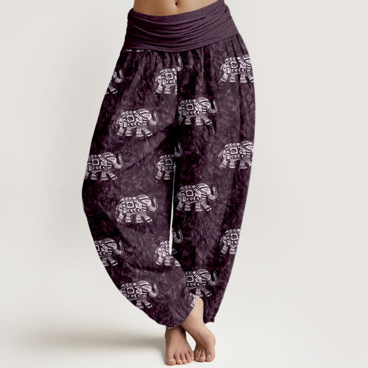Buddha Stones Pantaloni harem da donna in puro cotone con fantasia a elefanti bianchi e elastico in vita. - Indaco - US16, UK/AU20, EU48 (3XL) - image 5