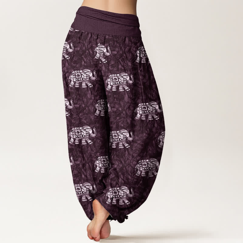 Buddha Stones Pantaloni harem da donna in puro cotone con fantasia a elefanti bianchi e elastico in vita. - image 6