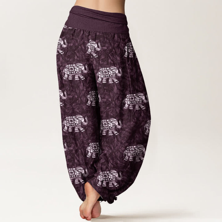Buddha Stones Pantaloni harem da donna in puro cotone con fantasia a elefanti bianchi e elastico in vita. - image 6