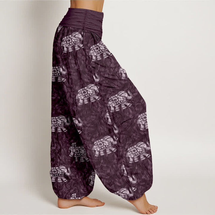 Buddha Stones Pantaloni harem da donna in puro cotone con fantasia a elefanti bianchi e elastico in vita. - image 7