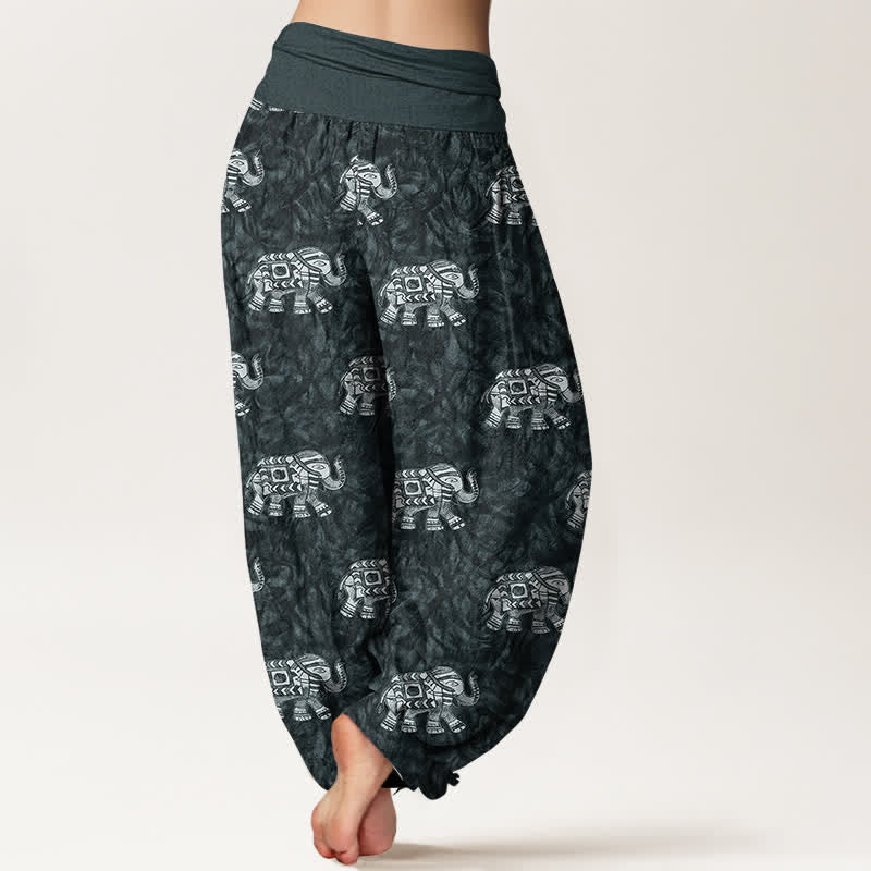 Buddha Stones Pantaloni harem da donna in puro cotone con fantasia a elefanti bianchi e elastico in vita. - image 9