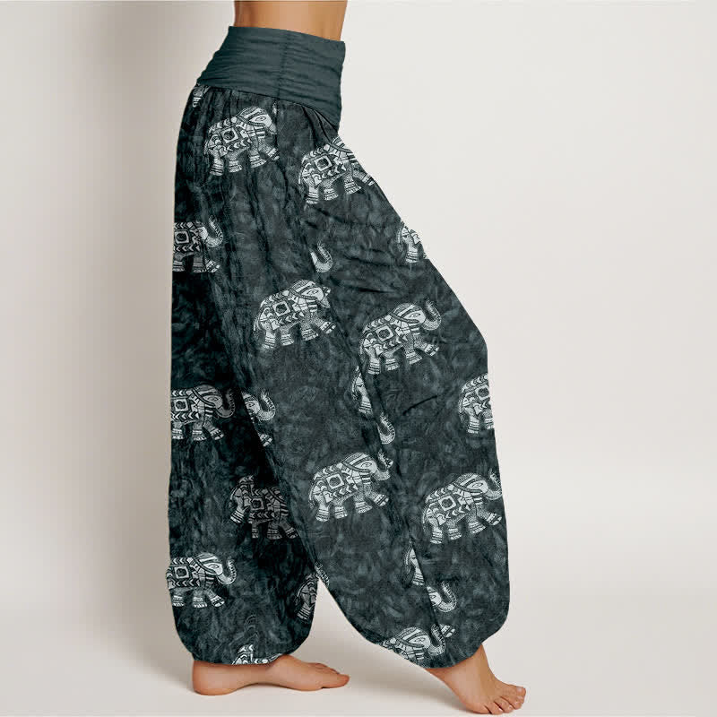 Buddha Stones Pantaloni harem da donna in puro cotone con fantasia a elefanti bianchi e elastico in vita. - image 10
