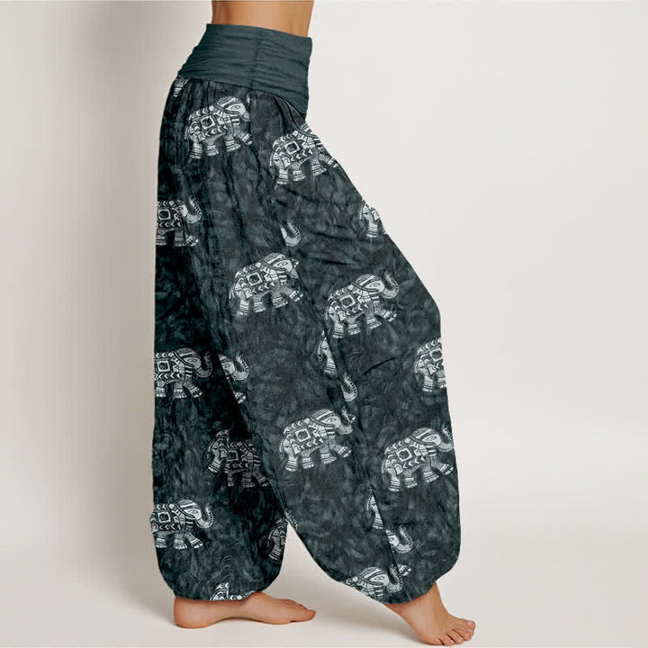Buddha Stones Pantaloni harem da donna in puro cotone con fantasia a elefanti bianchi e elastico in vita. - image 10