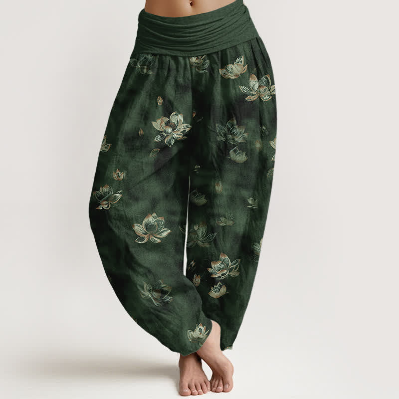 Buddha Stones Pantaloni harem da donna in puro cotone con fantasia floreale vintage a loto e vita elasticizzata. - Verde scuro - US16, UK/AU20, EU48 (3XL) - image 0