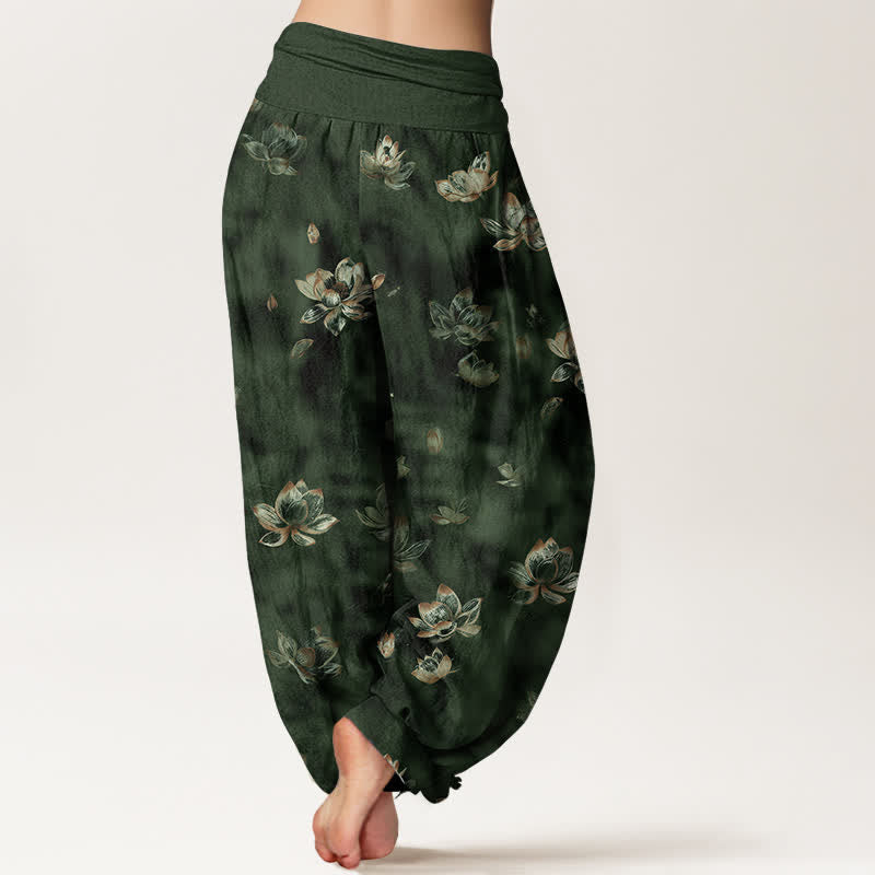 Buddha Stones Pantaloni harem da donna in puro cotone con fantasia floreale vintage a loto e vita elasticizzata. - image 1