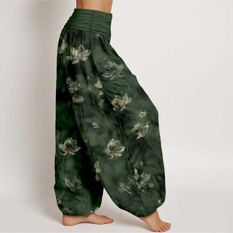 Buddha Stones Pantaloni harem da donna in puro cotone con fantasia floreale vintage a loto e vita elasticizzata. - image 2