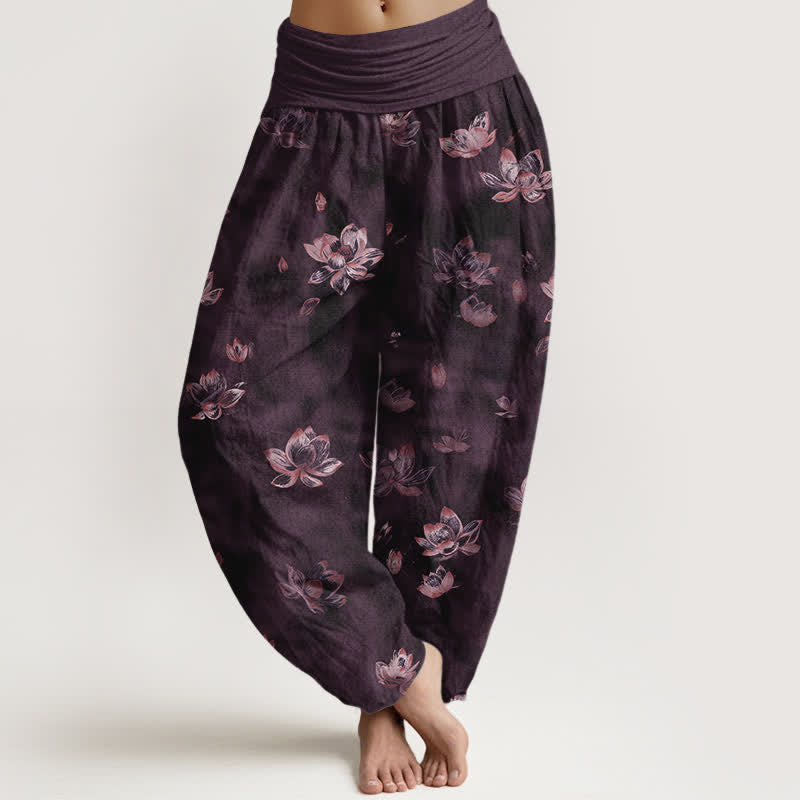 Buddha Stones Pantaloni harem da donna in puro cotone con fantasia floreale vintage a loto e vita elasticizzata. - Viola - US16, UK/AU20, EU48 (3XL) - image 5