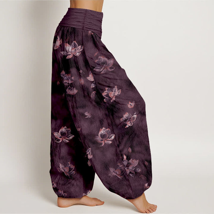 Buddha Stones Pantaloni harem da donna in puro cotone con fantasia floreale vintage a loto e vita elasticizzata. - image 7