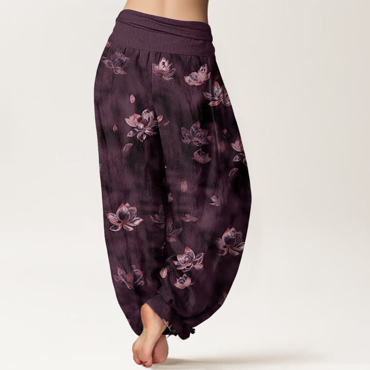 Buddha Stones Pantaloni harem da donna in puro cotone con fantasia floreale vintage a loto e vita elasticizzata. - image 6