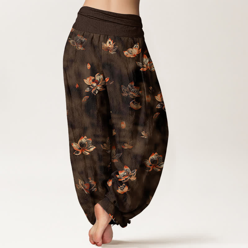 Buddha Stones Pantaloni harem da donna in puro cotone con fantasia floreale vintage a loto e vita elasticizzata. - image 9