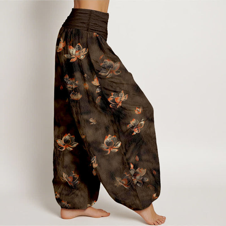 Buddha Stones Pantaloni harem da donna in puro cotone con fantasia floreale vintage a loto e vita elasticizzata. - image 10