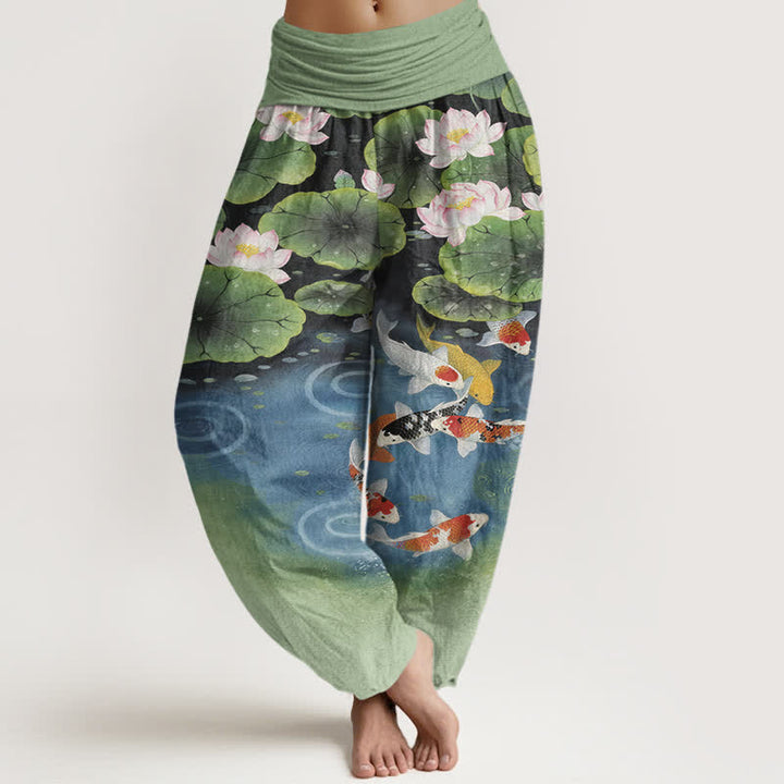 Buddha Stones Pantaloni harem da donna in cotone con motivo laghetto di carpe koi e loto, con elastico in vita. - Verde oliva - US16, UK/AU20, EU48 (3XL) - image 0