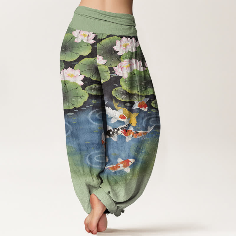 Buddha Stones Pantaloni harem da donna in cotone con motivo laghetto di carpe koi e loto, con elastico in vita. - image 1