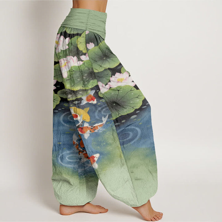 Buddha Stones Pantaloni harem da donna in cotone con motivo laghetto di carpe koi e loto, con elastico in vita. - image 2