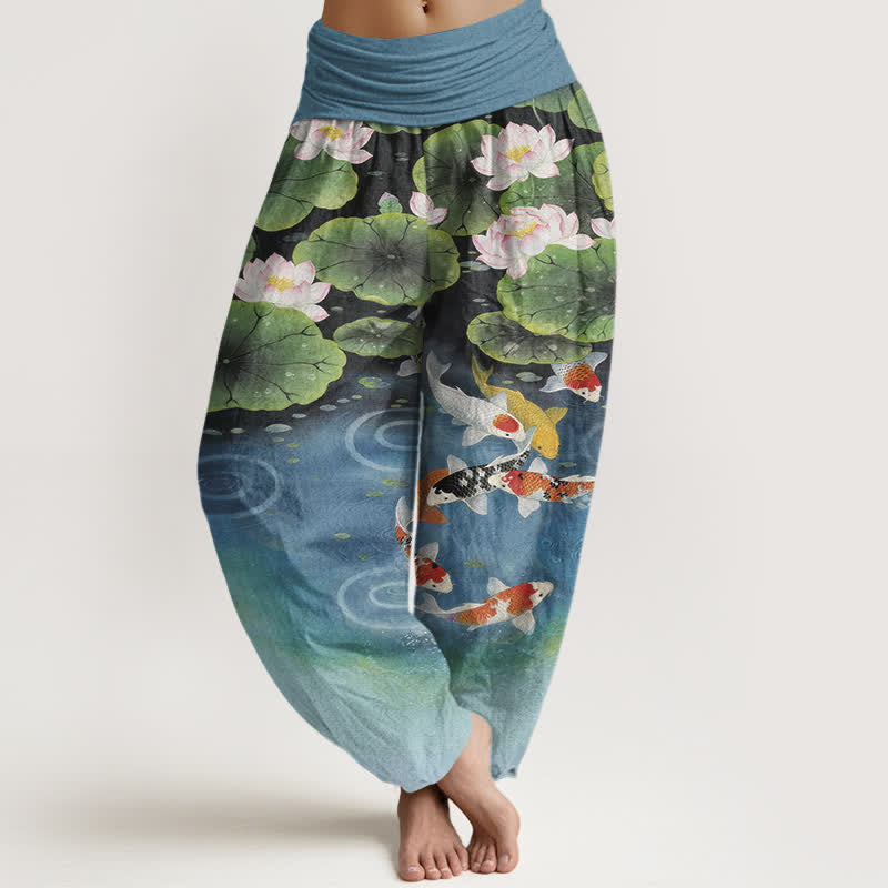 Buddha Stones Pantaloni harem da donna in cotone con motivo laghetto di carpe koi e loto, con elastico in vita. - SteelBlue - US16, UK/AU20, EU48 (3XL) - image 5