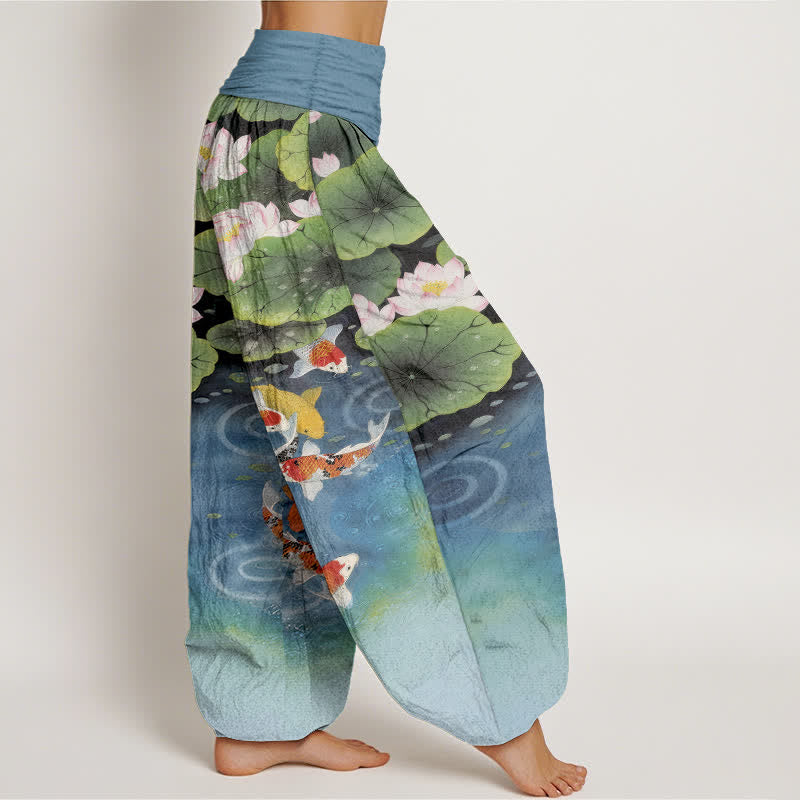 Buddha Stones Pantaloni harem da donna in cotone con motivo laghetto di carpe koi e loto, con elastico in vita. - image 7