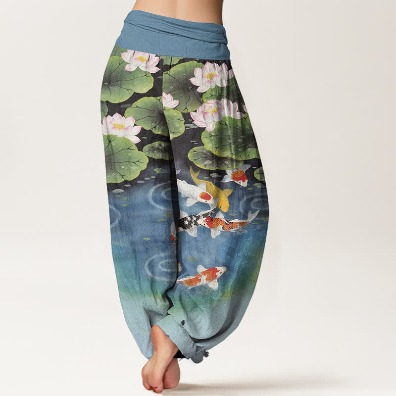 Buddha Stones Pantaloni harem da donna in cotone con motivo laghetto di carpe koi e loto, con elastico in vita. - image 6