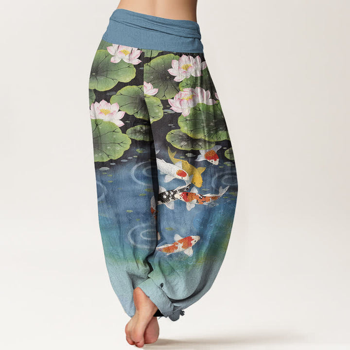 Buddha Stones Pantaloni harem da donna in cotone con motivo laghetto di carpe koi e loto, con elastico in vita. - image 6
