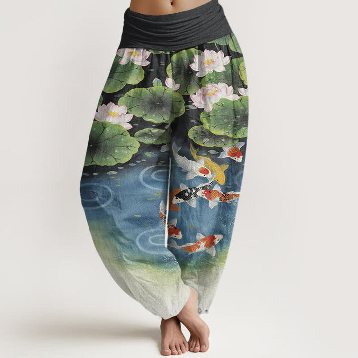 Buddha Stones Pantaloni harem da donna in cotone con motivo laghetto di carpe koi e loto, con elastico in vita. - Nero - US16, UK/AU20, EU48 (3XL) - image 8