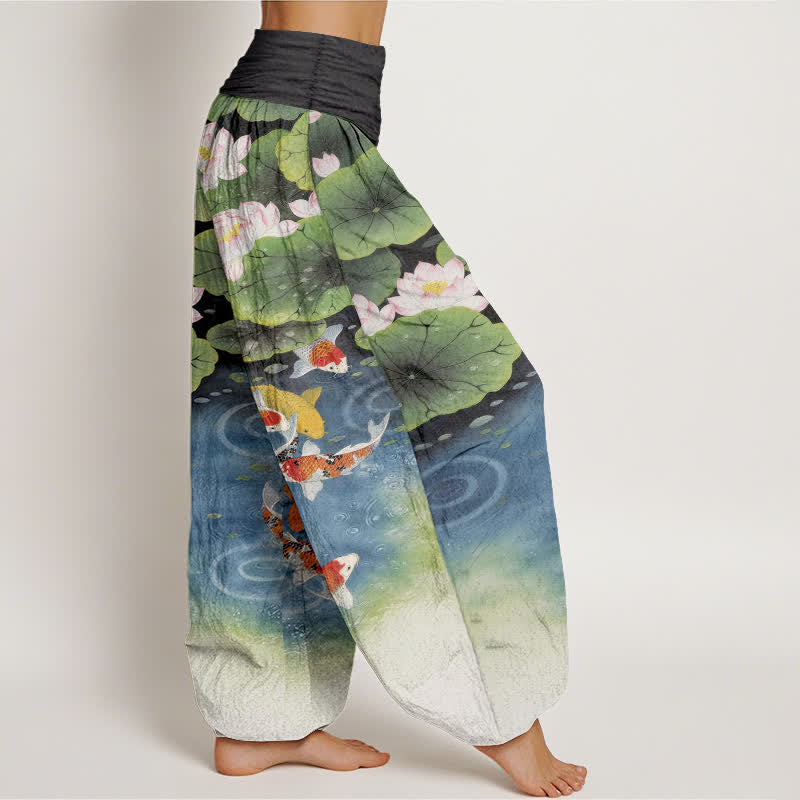 Buddha Stones Pantaloni harem da donna in cotone con motivo laghetto di carpe koi e loto, con elastico in vita. - image 10