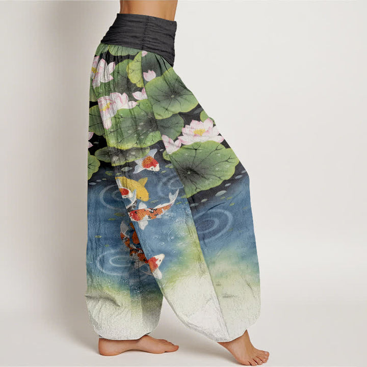 Buddha Stones Pantaloni harem da donna in cotone con motivo laghetto di carpe koi e loto, con elastico in vita. - image 10