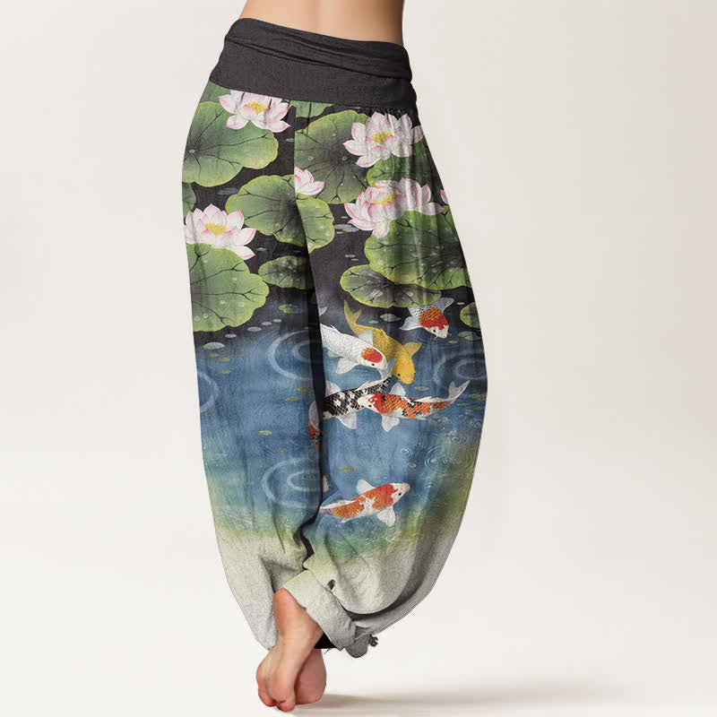 Buddha Stones Pantaloni harem da donna in cotone con motivo laghetto di carpe koi e loto, con elastico in vita. - image 9