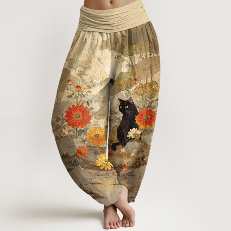 Buddha Stones Pantaloni harem da donna in puro cotone, vintage, con fantasia floreale e gatti neri, con elastico in vita. - Tan - US16, UK/AU20, EU48 (3XL) - image 0
