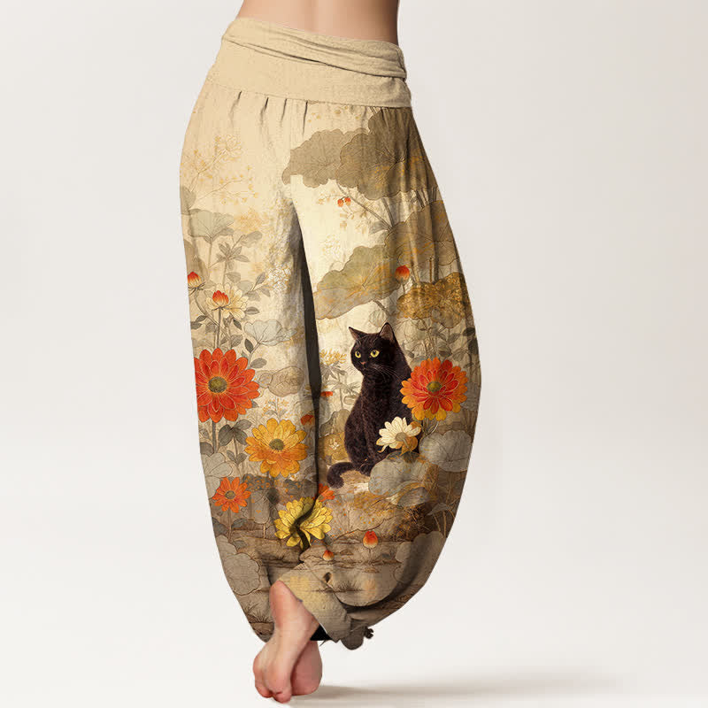 Buddha Stones Pantaloni harem da donna in puro cotone, vintage, con fantasia floreale e gatti neri, con elastico in vita. - image 1
