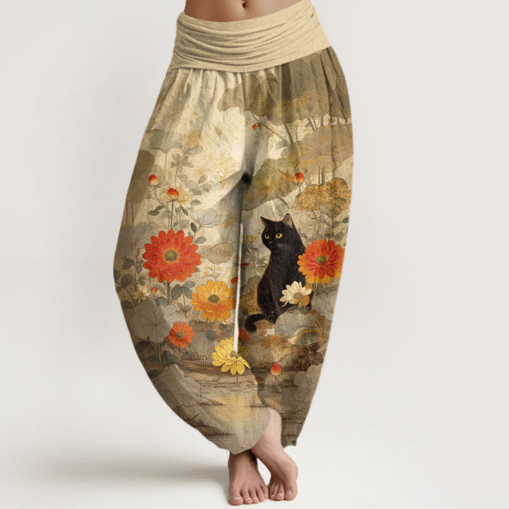 Buddha Stones Pantaloni harem da donna in puro cotone, vintage, con fantasia floreale e gatti neri, con elastico in vita. - Tan - US16, UK/AU20, EU48 (3XL) - image 0