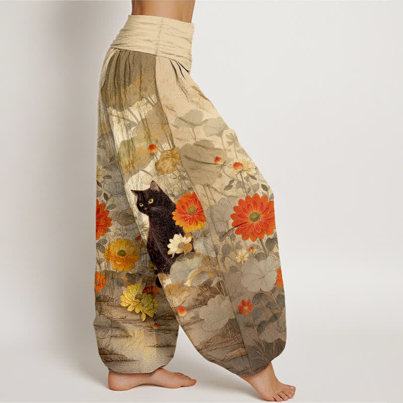Buddha Stones Pantaloni harem da donna in puro cotone, vintage, con fantasia floreale e gatti neri, con elastico in vita. - image 2
