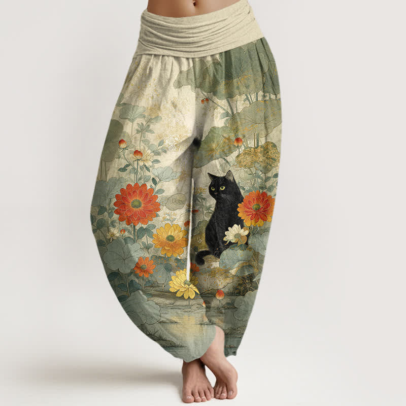 Buddha Stones Pantaloni harem da donna in puro cotone, vintage, con fantasia floreale e gatti neri, con elastico in vita. - Verde Mare Scuro - US16, UK/AU20, EU48 (3XL) - image 5