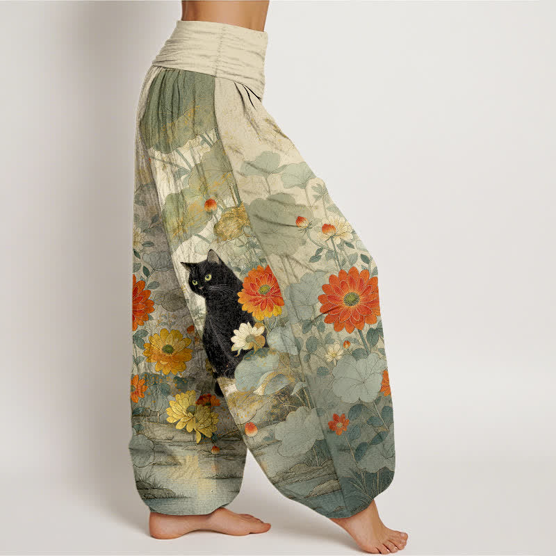 Buddha Stones Pantaloni harem da donna in puro cotone, vintage, con fantasia floreale e gatti neri, con elastico in vita. - image 7