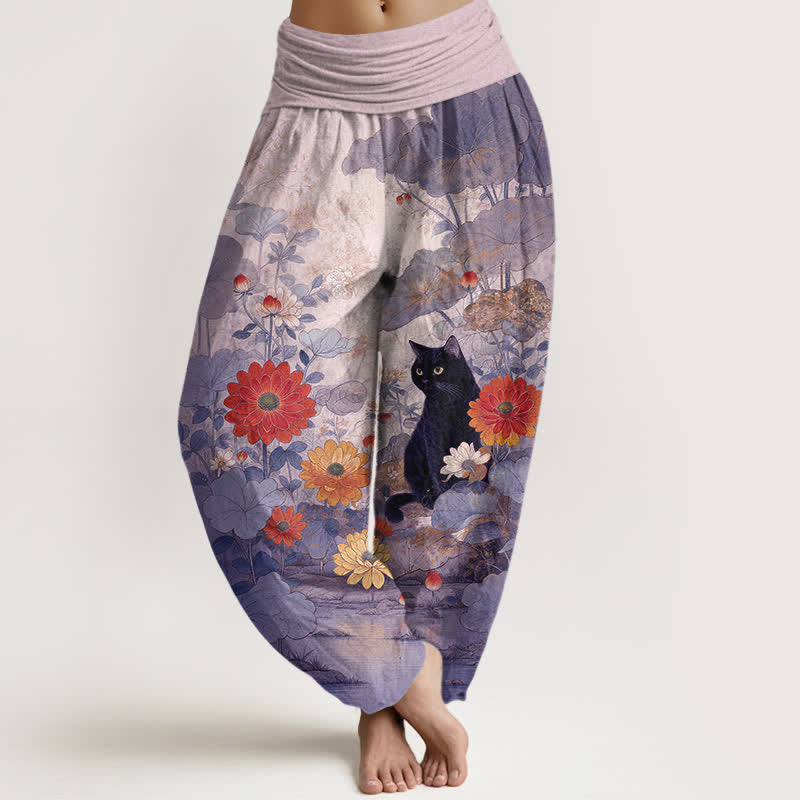 Buddha Stones Pantaloni harem da donna in puro cotone, vintage, con fantasia floreale e gatti neri, con elastico in vita. - Cardo - US16, UK/AU20, EU48 (3XL) - image 8