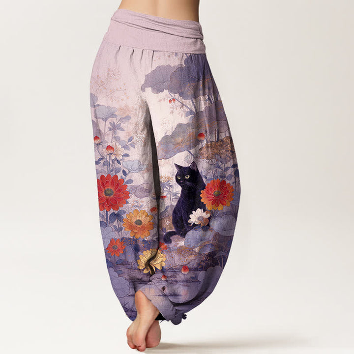 Buddha Stones Pantaloni harem da donna in puro cotone, vintage, con fantasia floreale e gatti neri, con elastico in vita. - image 9