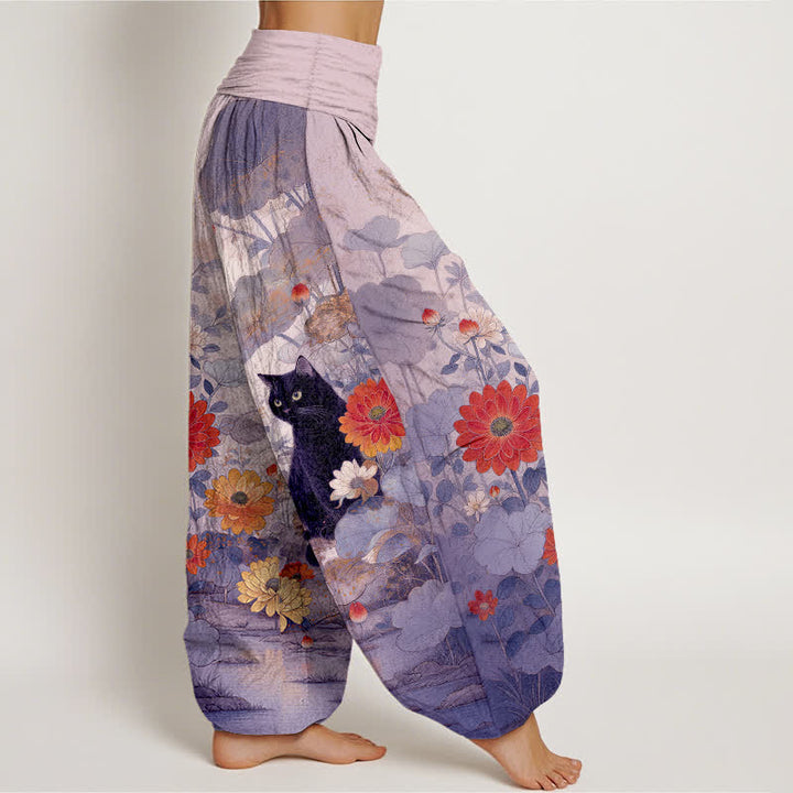 Buddha Stones Pantaloni harem da donna in puro cotone, vintage, con fantasia floreale e gatti neri, con elastico in vita. - image 10