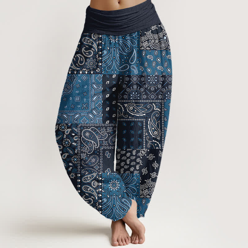 Buddha Stones Pantaloni harem da donna in puro cotone con elegante motivo paisley e elastico in vita. - Marina - US16, UK/AU20, EU48 (3XL) - image 0
