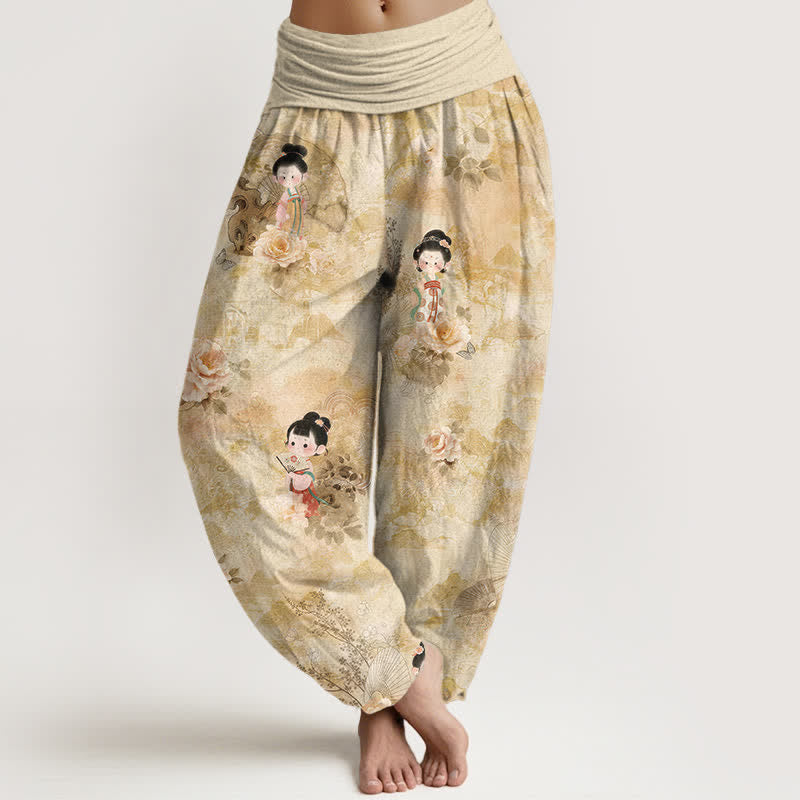 Buddha Stones Pantaloni harem da donna in puro cotone con fantasia floreale vintage e vita elasticizzata. - Grano - US16, UK/AU20, EU48 (3XL) - image 0