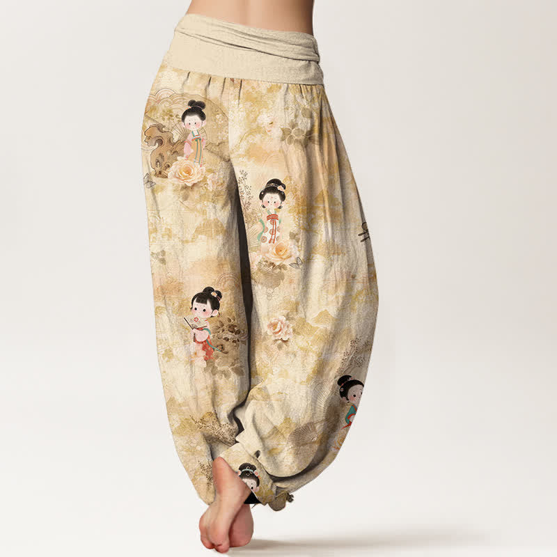 Buddha Stones Pantaloni harem da donna in puro cotone con fantasia floreale vintage e vita elasticizzata. - image 1