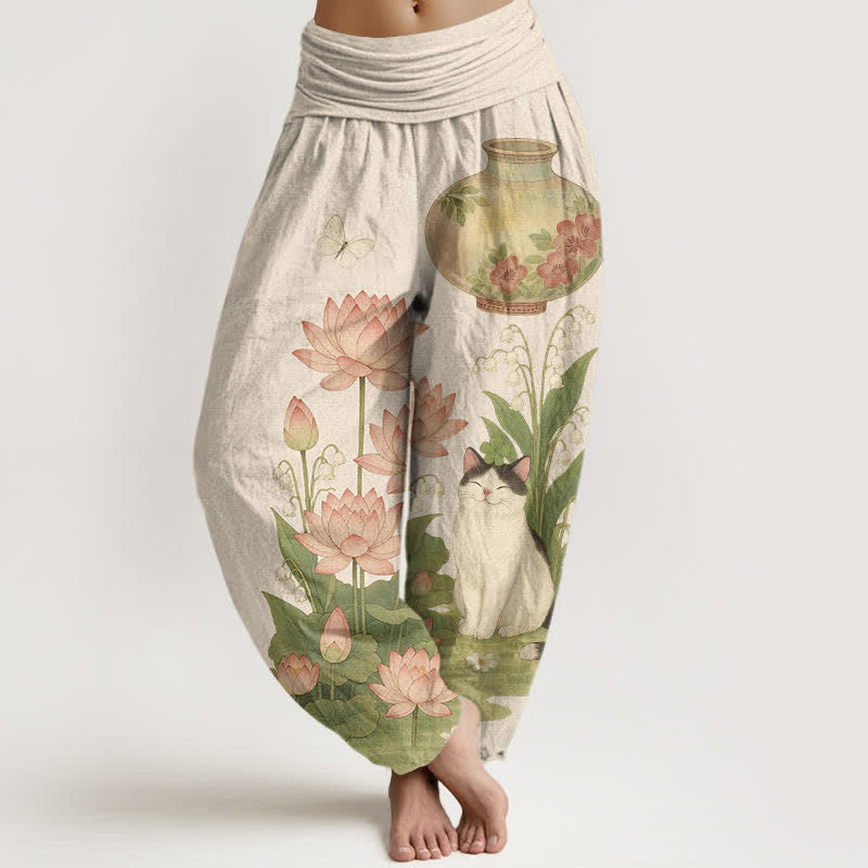 Buddha Stones Pantaloni harem da donna in puro cotone con motivo gatto loto e vita elasticizzata. - Beige - US16, UK/AU20, EU48 (3XL) - image 0
