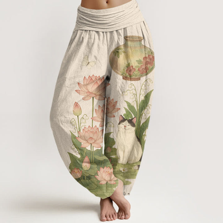 Buddha Stones Pantaloni harem da donna in puro cotone con motivo gatto loto e vita elasticizzata. - Beige - US16, UK/AU20, EU48 (3XL) - image 0