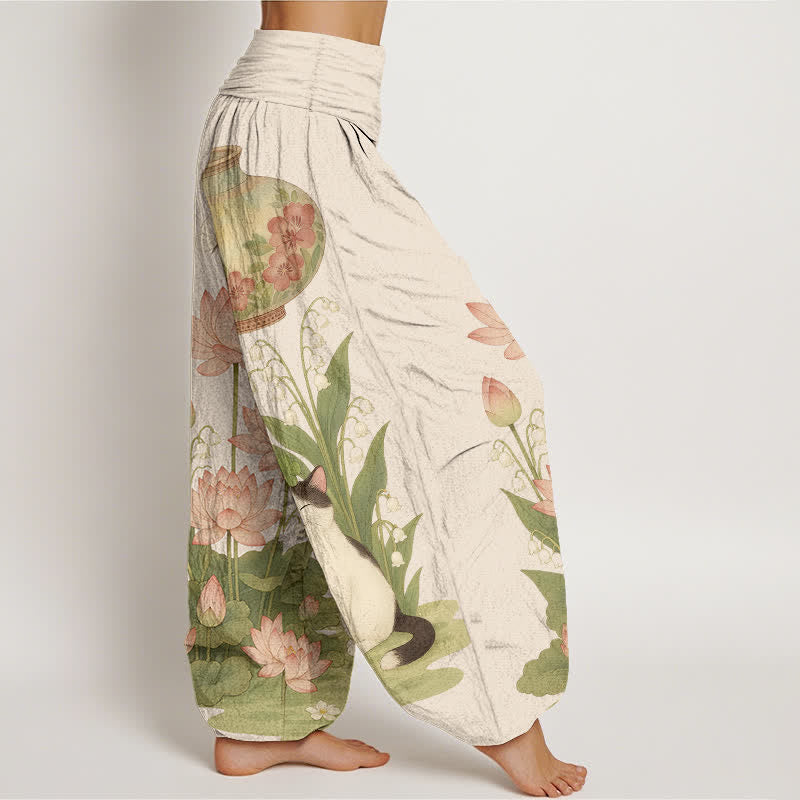 Buddha Stones Pantaloni harem da donna in puro cotone con motivo gatto loto e vita elasticizzata. - image 2