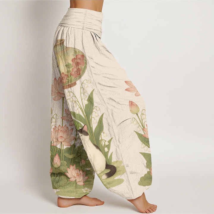 Buddha Stones Pantaloni harem da donna in puro cotone con motivo gatto loto e vita elasticizzata. - image 2