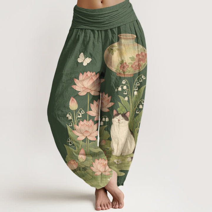Buddha Stones Pantaloni harem da donna in puro cotone con motivo gatto loto e vita elasticizzata. - Verde oliva scuro - US16, UK/AU20, EU48 (3XL) - image 5