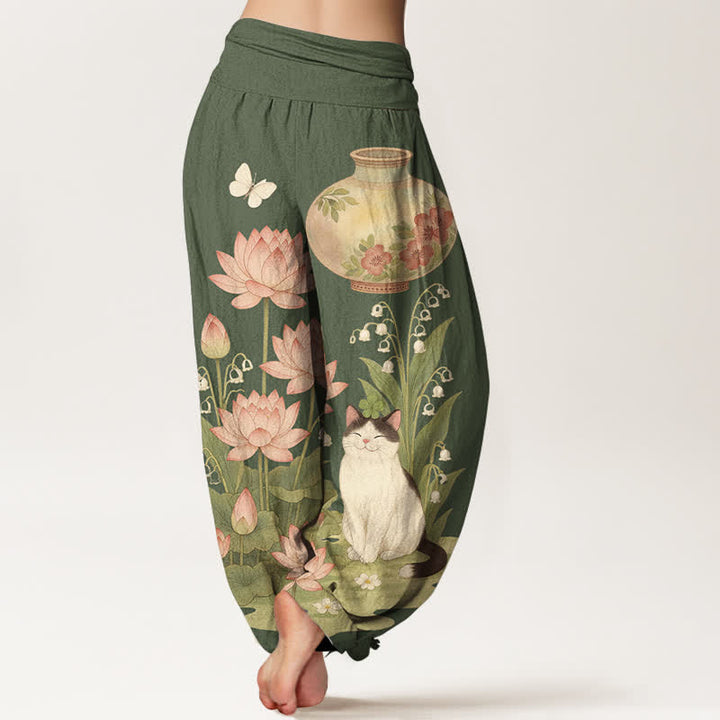 Buddha Stones Pantaloni harem da donna in puro cotone con motivo gatto loto e vita elasticizzata. - image 6