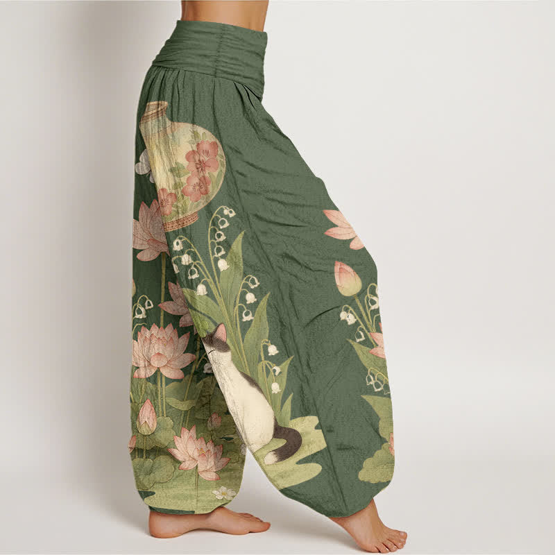 Buddha Stones Pantaloni harem da donna in puro cotone con motivo gatto loto e vita elasticizzata. - image 7