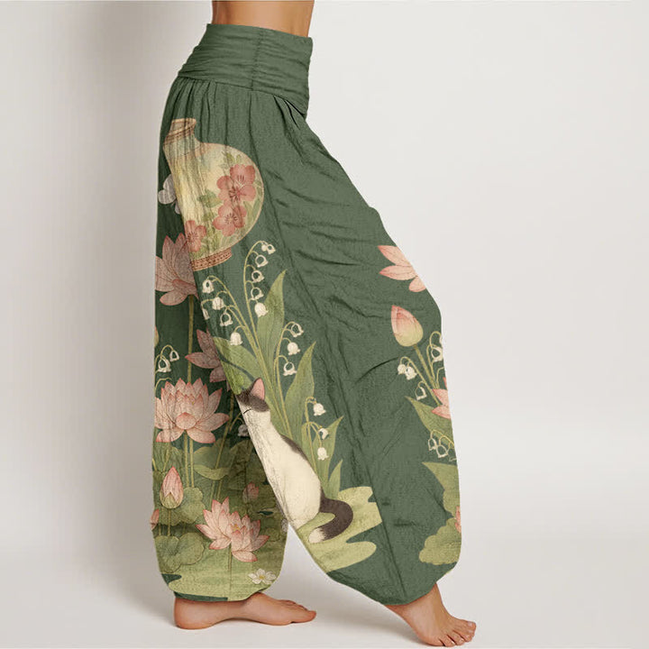 Buddha Stones Pantaloni harem da donna in puro cotone con motivo gatto loto e vita elasticizzata. - image 7