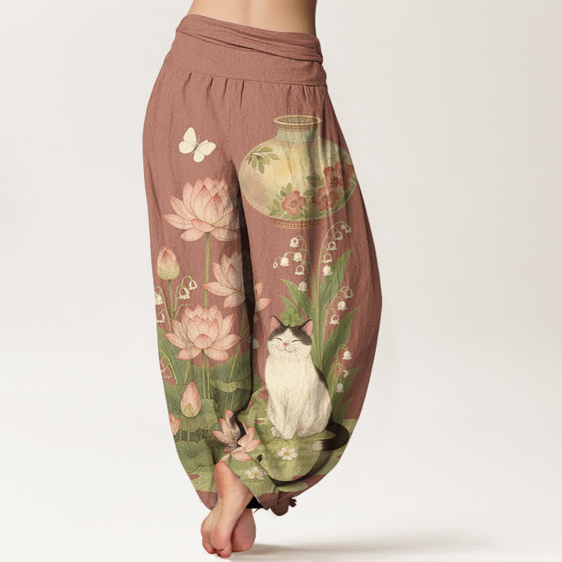 Buddha Stones Pantaloni harem da donna in puro cotone con motivo gatto loto e vita elasticizzata. - image 9